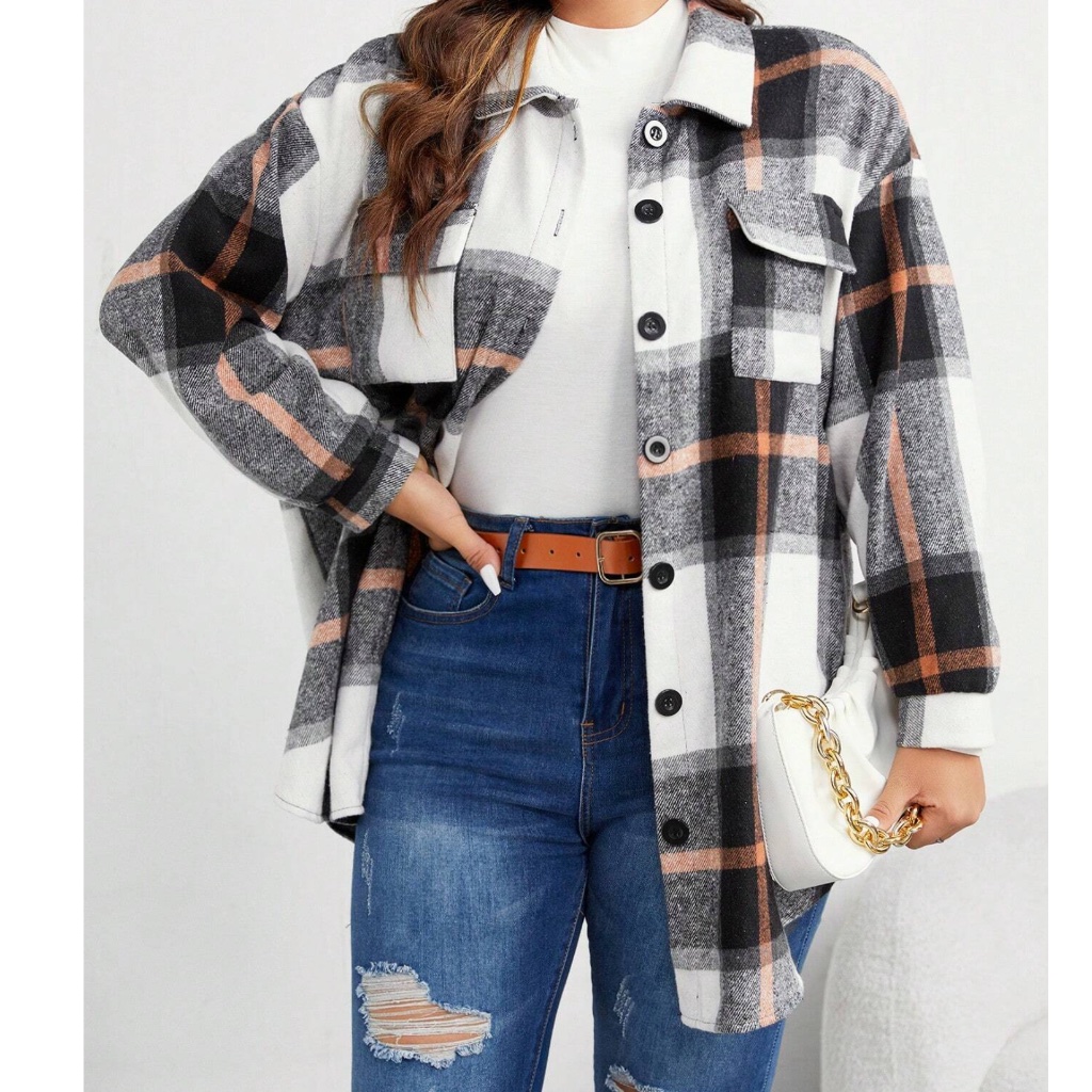 Plus Plaid Print Button Down Jacket Shacket